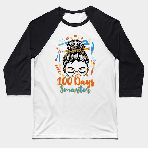 100 Days Smarter Girls Messy Bun Hair 100th Day Of School Baseball T-Shirt by Artyui